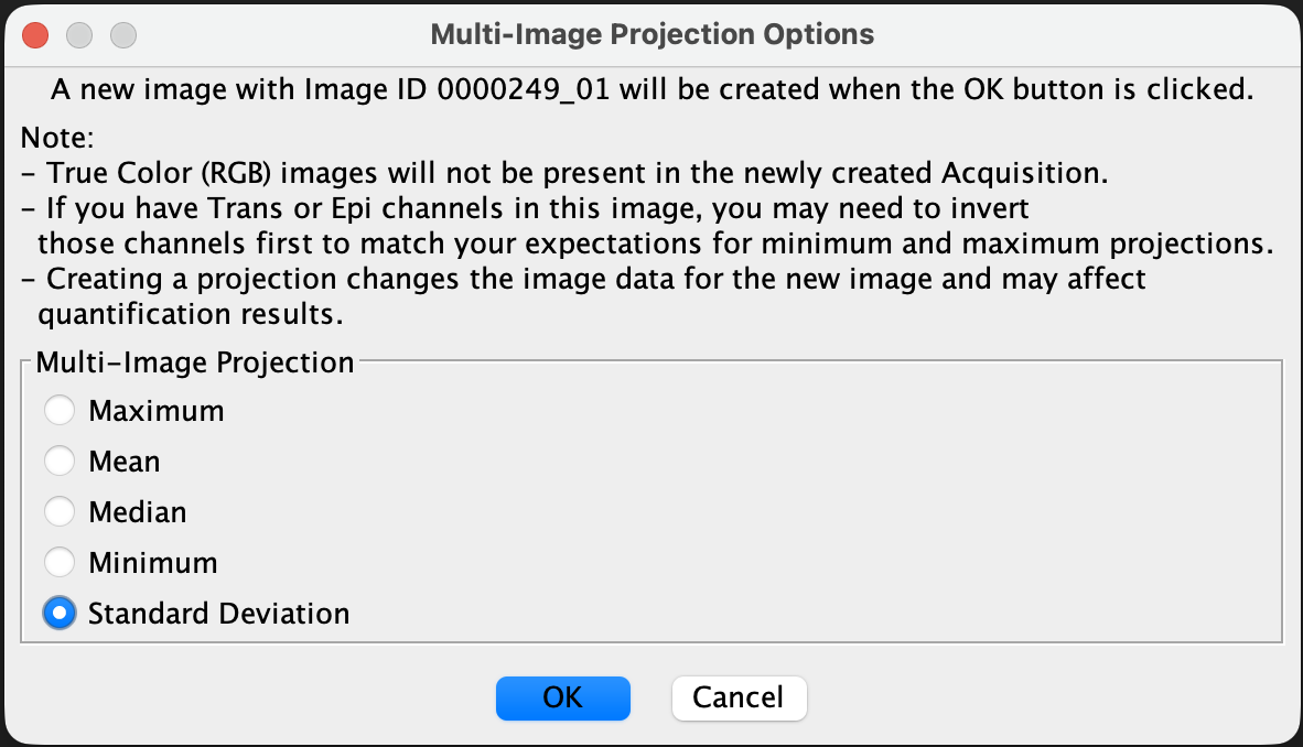 Create Projection dialog with standard deviation chosen.