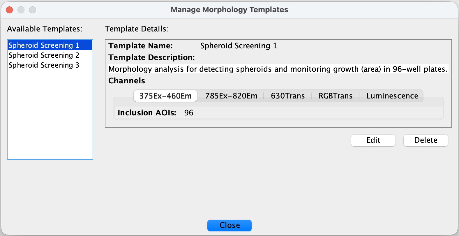 Manage Morphology Templates dialog showing a list of spheroid analysis templates and details.