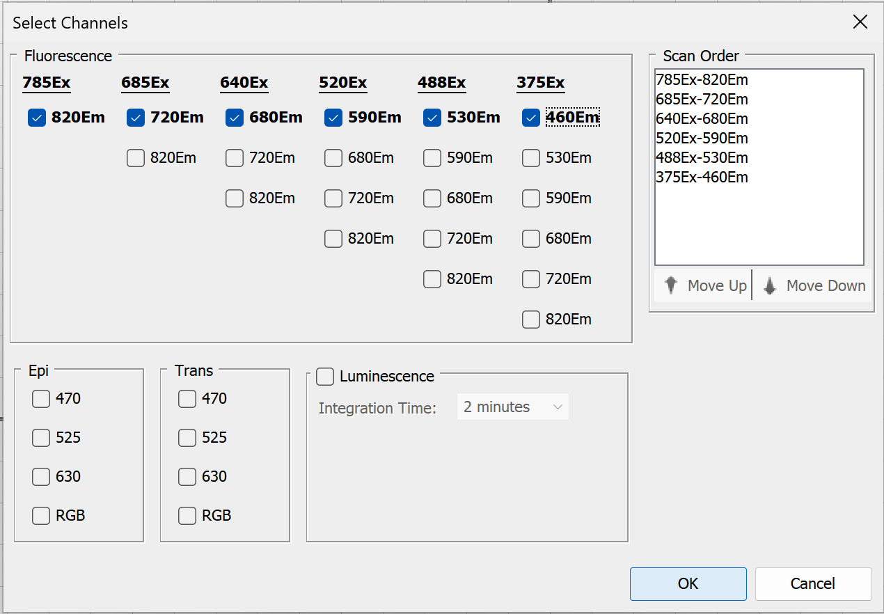 Channel Selection dialog for selecting 30 Atlas Imager channels