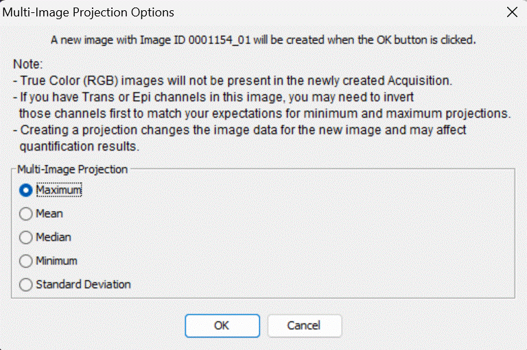 Create Projection dialog showing projection type options for selected Image Studio acquisitions.