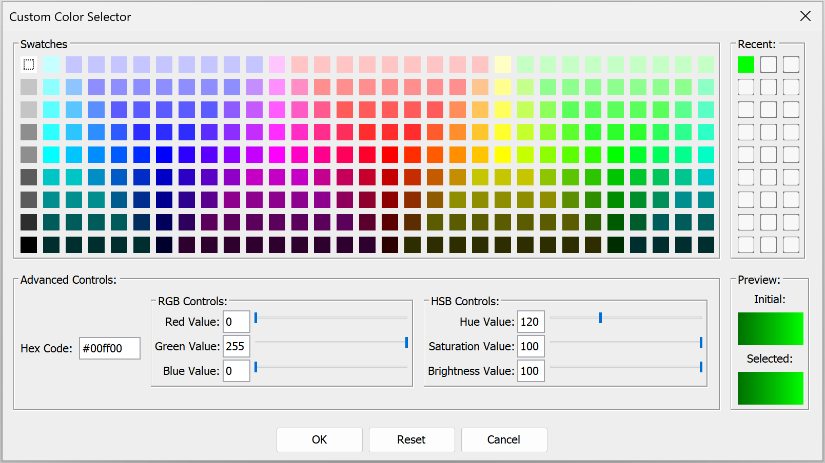 Custom color picker includes hex code entry for precise color selection and Recents panel for easily finding and selecting favorite colors