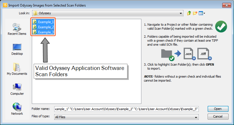 Image Studio 5.0 Import Odyssey Images from Selected Scan Folders dialog